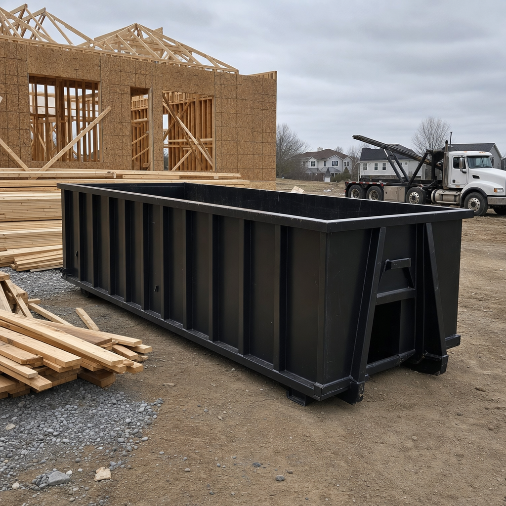 Matte-black 40-yard roll-off dumpster staged on a framed-out residential construction site in Chelsea, framing lumber stacked nearby, hooklift delivery truck visible in the background under bright Colorado daylight
