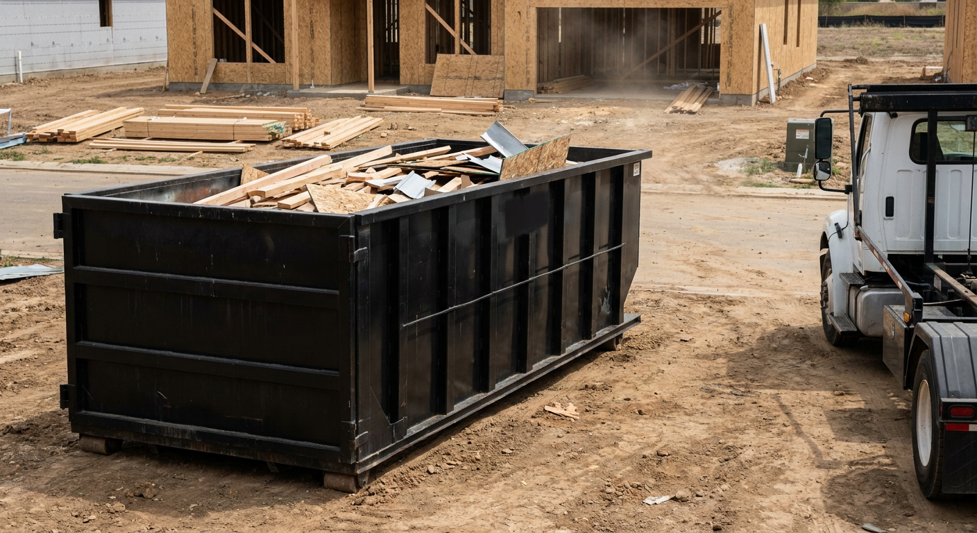 Matte-black 20-yard roll-off construction dumpster with heavy ribbed steel sidewalls and swing rear doors at a working jobsite in Chelsea, sitting directly on compacted dirt with an unmarked white hauler partially visible at the far edge of the frame.