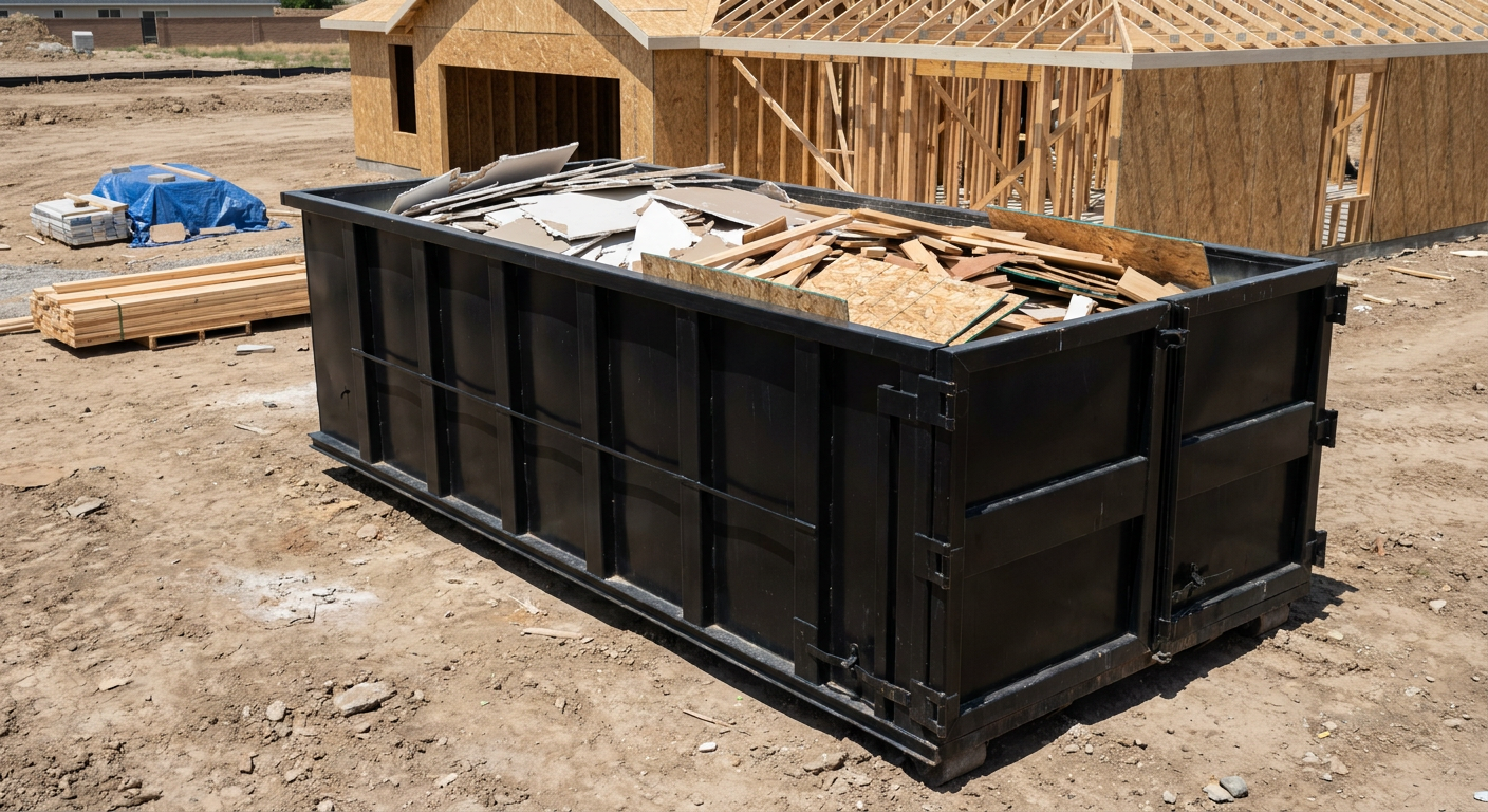 Matte-black 30-yard roll-off construction dumpster sitting directly on the compacted-dirt site of a framed single-family home build in Chelsea, drywall and lumber scrap loaded inside.