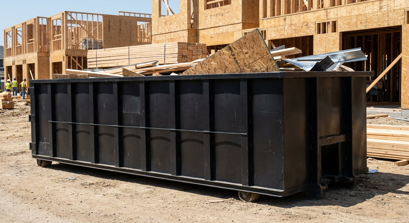 Matte-black 40-yard roll-off construction dumpster being lowered from a white-cab hooklift delivery truck onto the compacted-dirt jobsite at a commercial build site in Chelsea