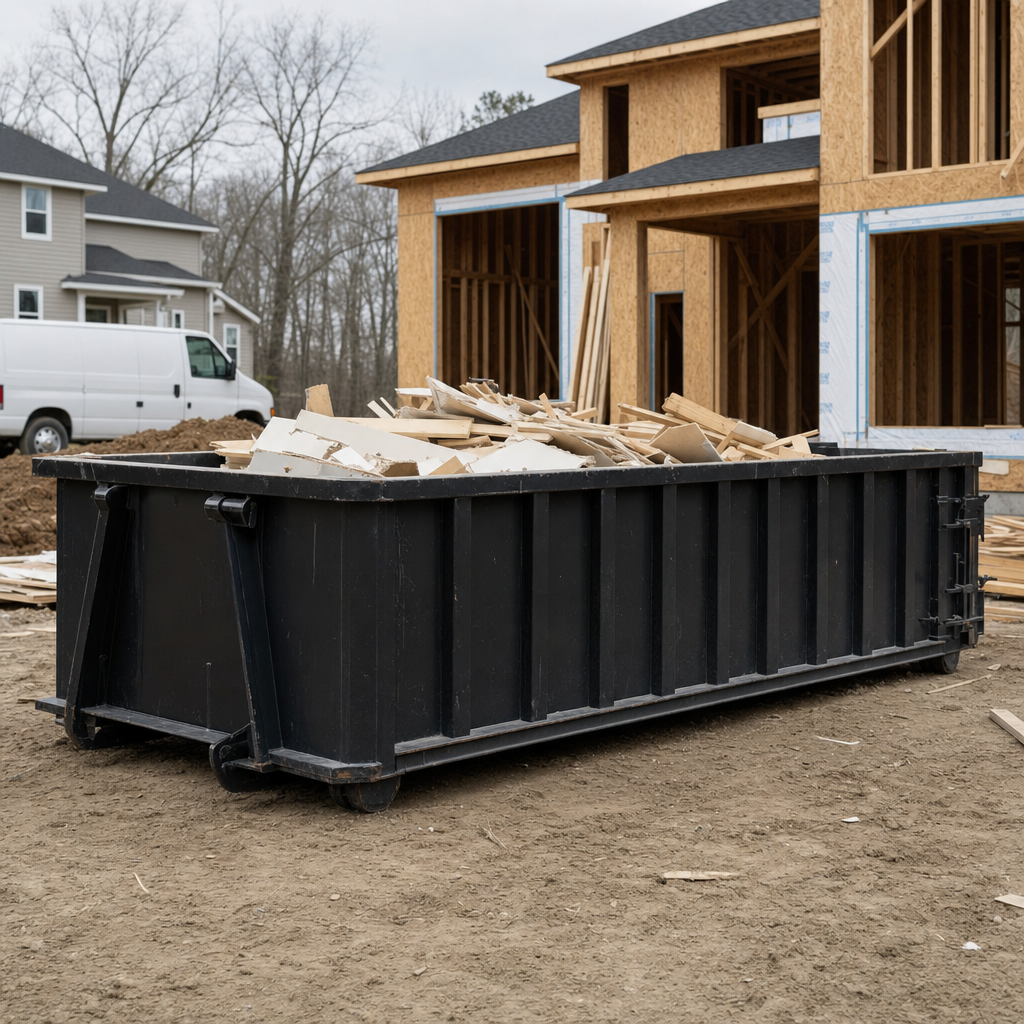 Worker in a yellow high-visibility vest tossing framing lumber and broken drywall into a matte-black 30-yard construction roll-off dumpster on an active build site in Chelsea, bright daylight