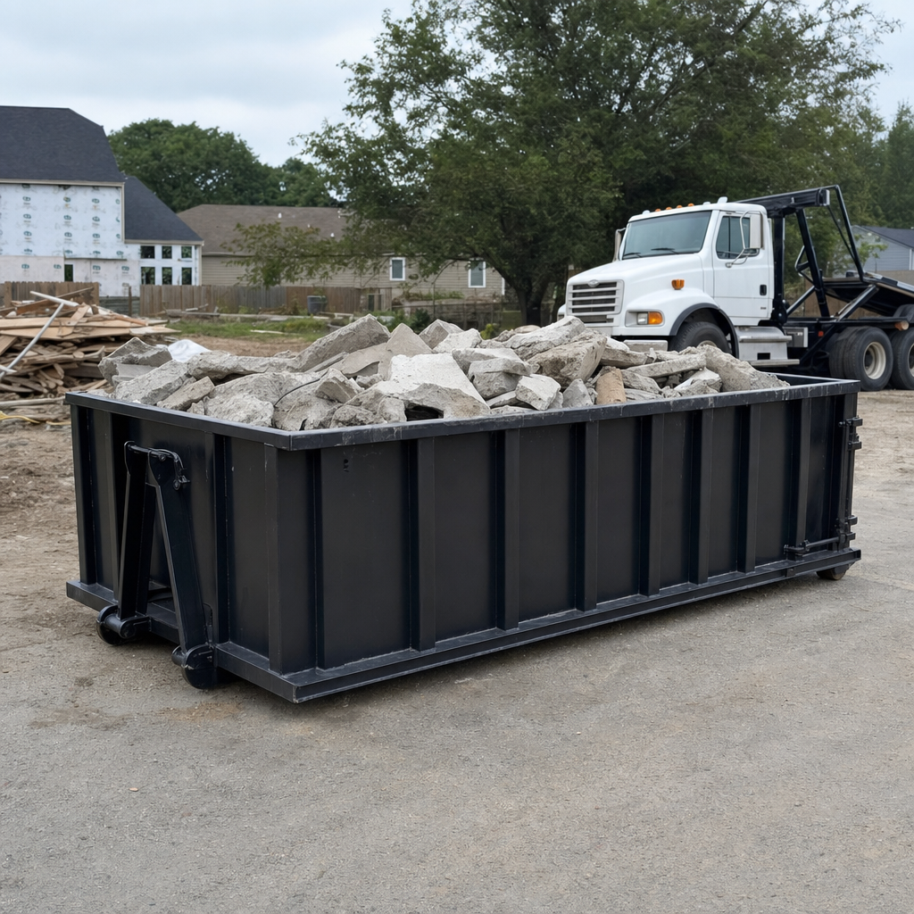 Low-profile matte-black lowboy roll-off dumpster loaded with broken concrete slab and rebar at a foundation tear-out in Chelsea, skid steer parked beside it, sunny Colorado morning
