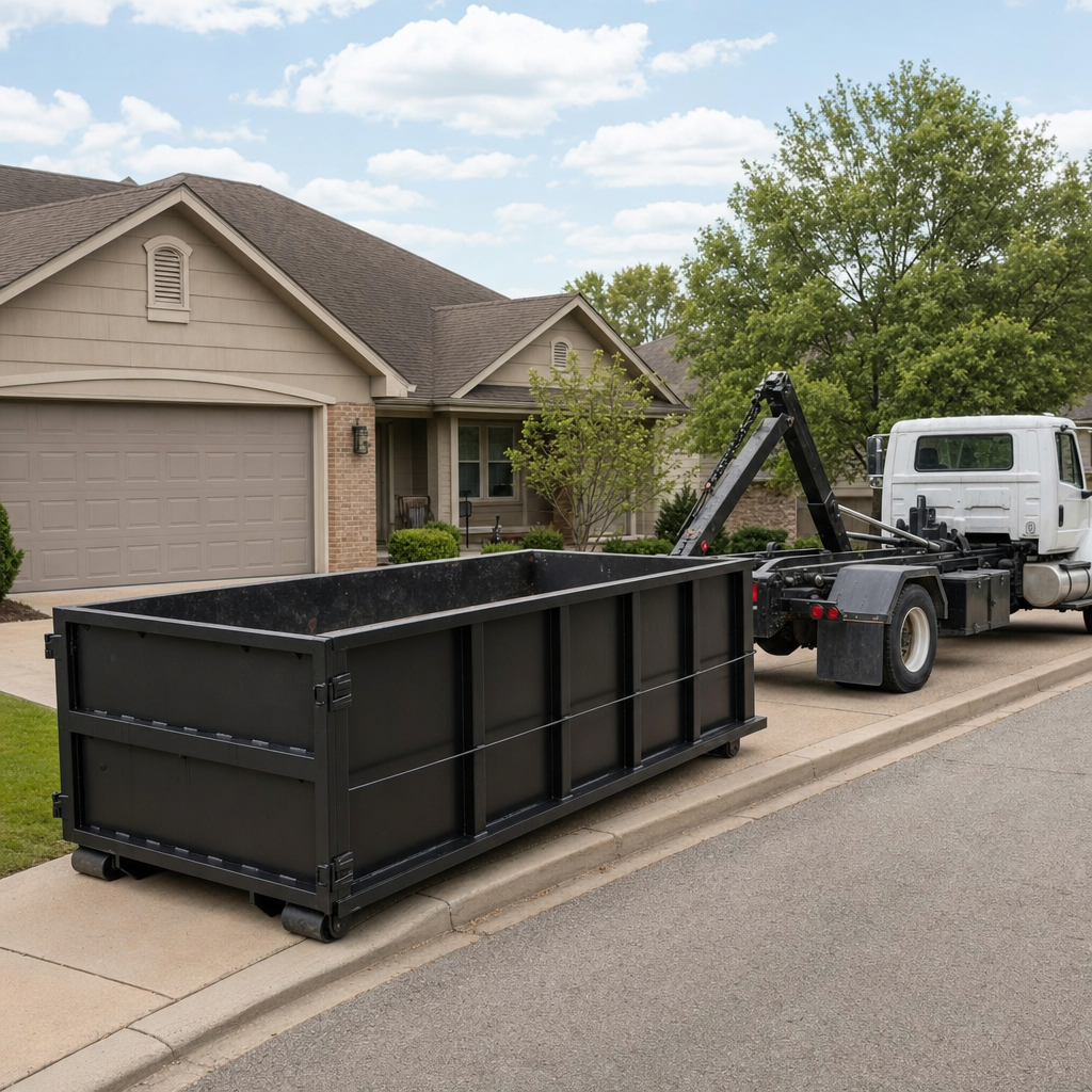 Wide documentary shot of a matte-black roll-off dumpster on a Chelsea residential driveway in the foreground and a contractor jobsite container in the soft-focus background, bright daylight, calm and orderly composition.