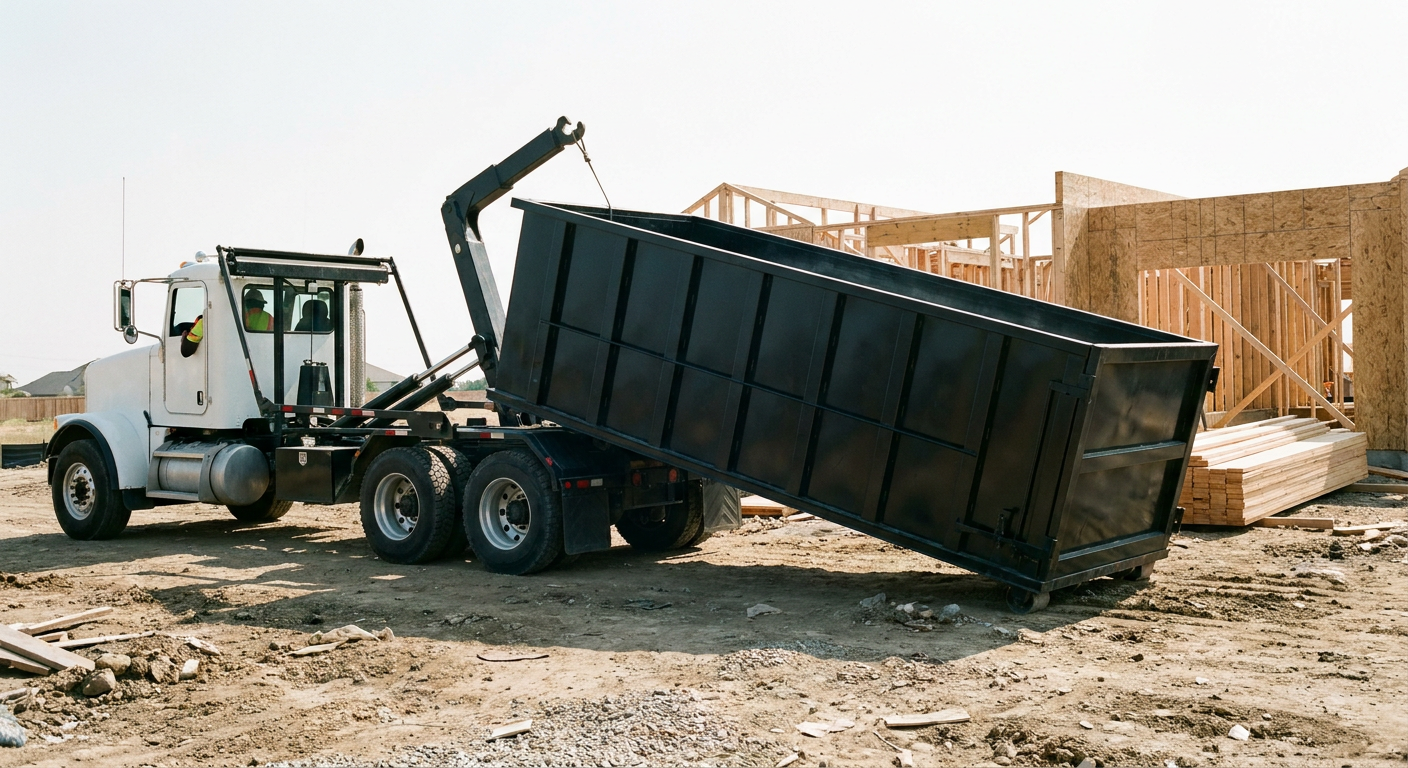 Matte-black roll-off dumpster being delivered onto a clean residential concrete driveway in Chelsea by an unmarked white hooklift hauler truck, bright morning daylight, documentary 35mm perspective.