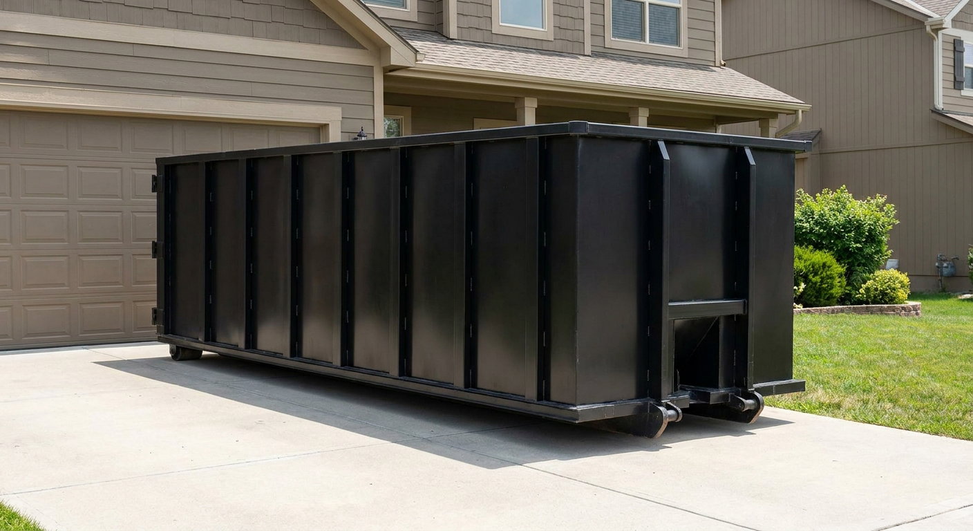 Matte-black residential roll-off dumpster sitting directly on a suburban Chelsea concrete driveway, garage door closed, single-family home in background, bright morning daylight.