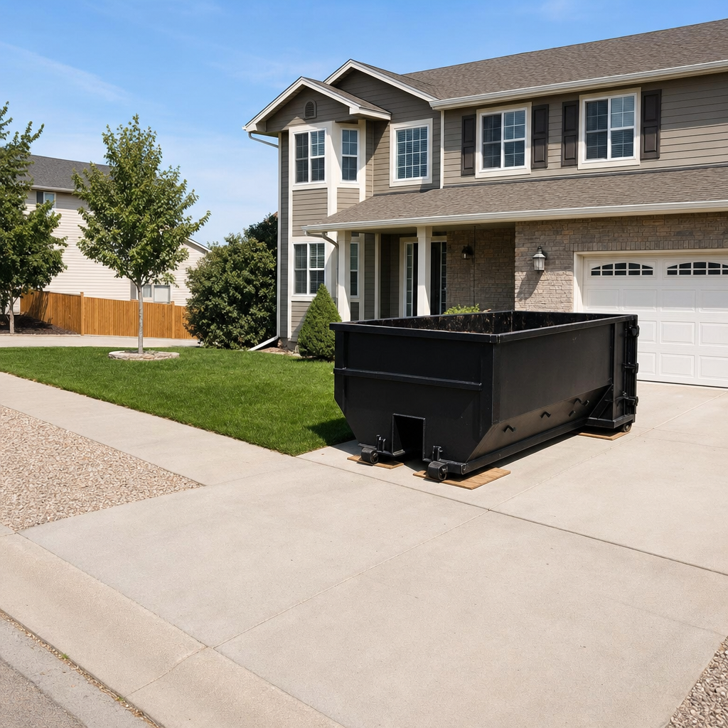 10-yard matte-black residential dumpster placed directly on a narrow Chelsea concrete driveway, room remains for a parked sedan beside it, mid-morning natural light