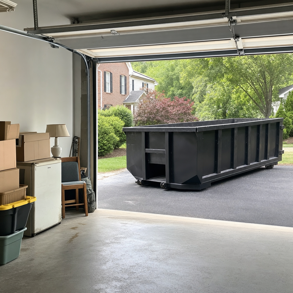Open garage interior in a Chelsea home mid-cleanout — boxed items, an old appliance, and stacked yard tools queued near the driveway for a matte-black roll-off dumpster, organized and calm
