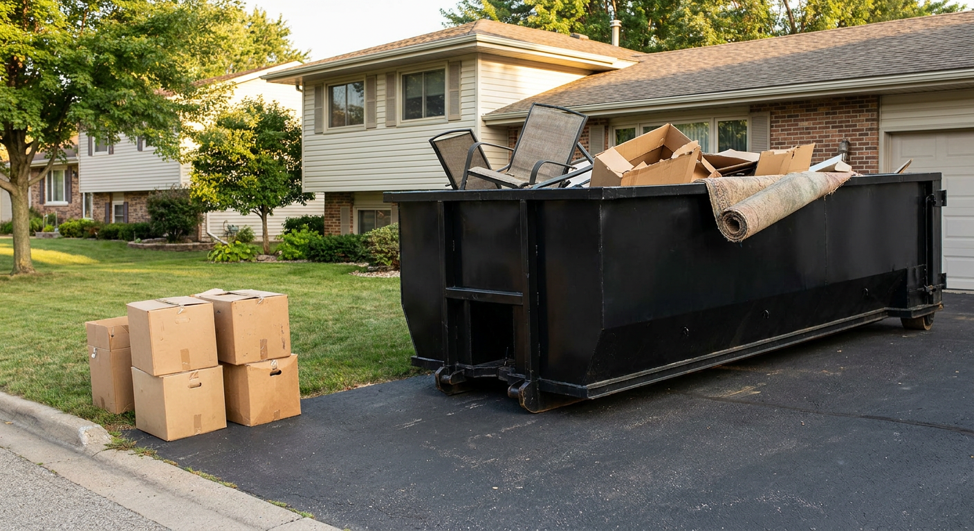 Front-yard view of a Chelsea split-level home with a 20-yard matte-black roll-off dumpster sitting directly on the asphalt driveway, a few clearly labeled donation boxes staged at the curb, calm sunny afternoon.