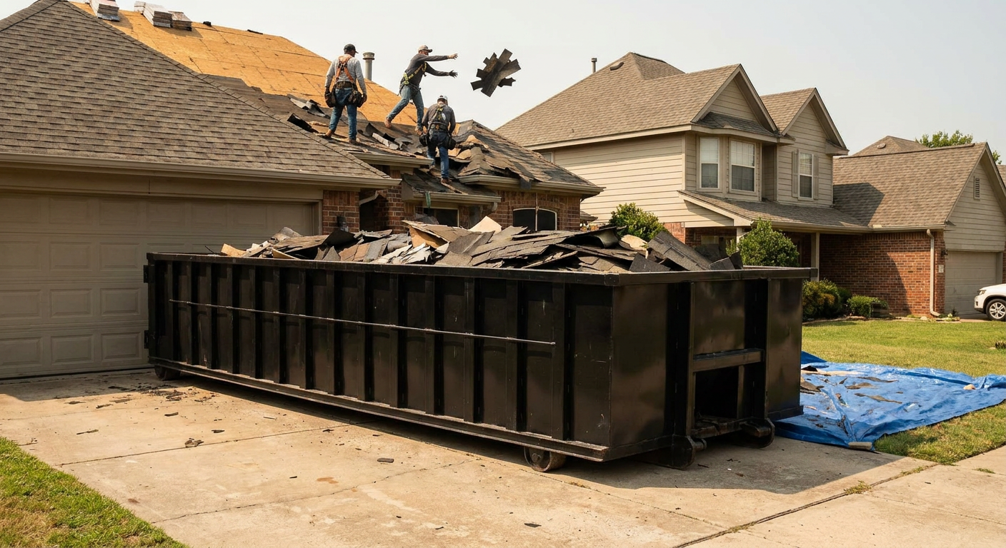Matte-black roofing roll-off dumpster placed directly on a Chelsea residential concrete driveway, a tear-off crew on a two-story asphalt-shingle roof tossing shingle bundles into the low-walled container, bright daylight, documentary 35mm perspective.