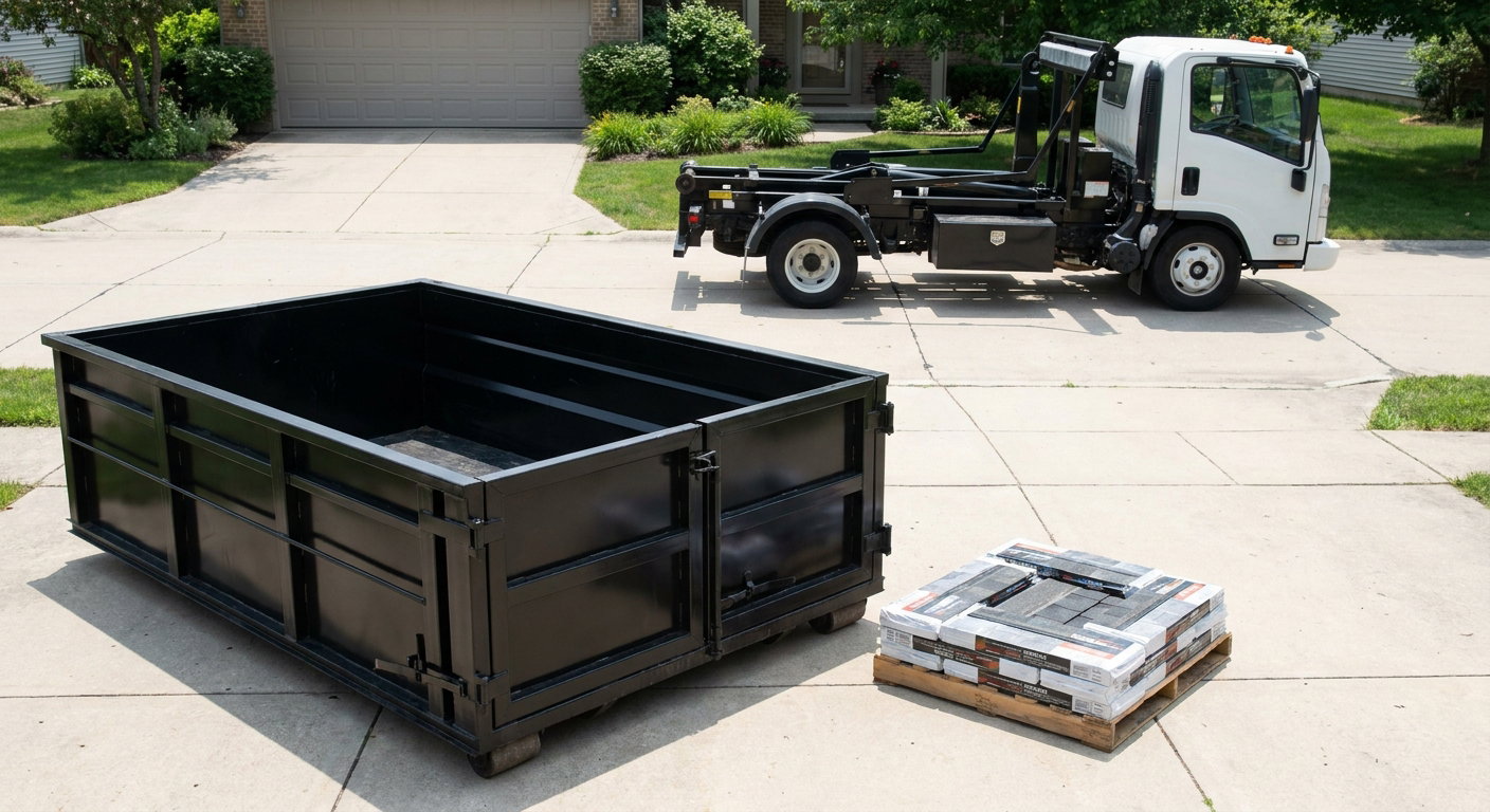 Matte-black 15-yard roofing roll-off dumpster with reinforced low side walls sitting directly on a Chelsea residential concrete driveway, three-tab asphalt shingle bundles stacked nearby, an unmarked white hauler truck partially visible at the edge of the frame.