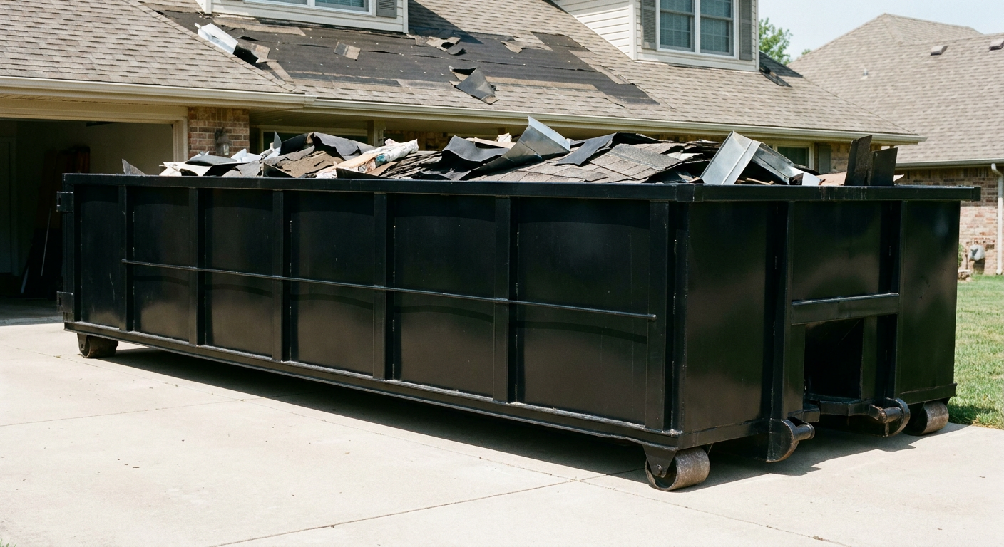 Matte-black 20-yard roofing roll-off dumpster with steel ribbed sides and swinging rear door, sitting directly on the concrete driveway of a two-story Chelsea home, asphalt shingle debris being loaded over the low wall, clean documentary lighting.