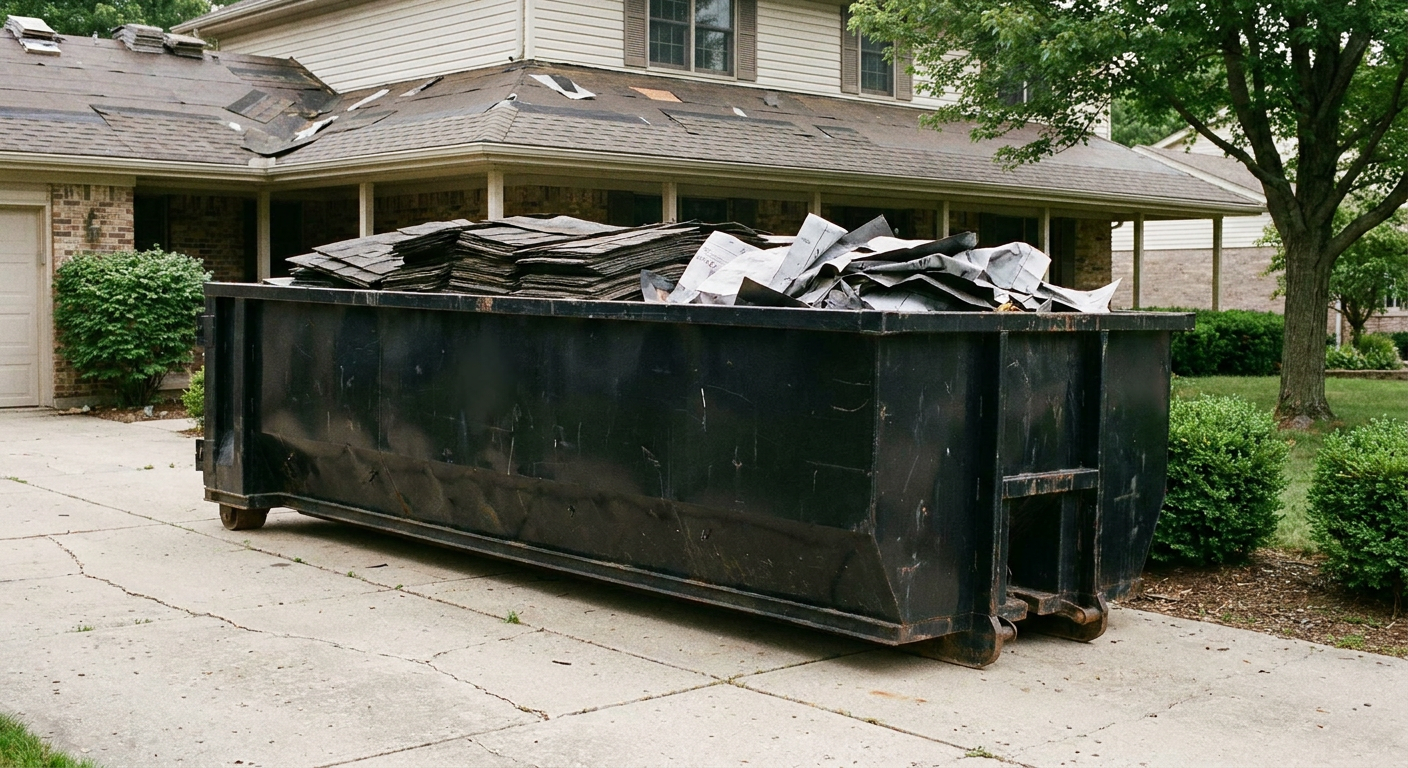 Matte-black 30-yard roofing roll-off dumpster sitting directly on a Chelsea concrete driveway, taller ribbed steel side panels, mixed tear-off debris of asphalt shingles and underlayment inside, professional documentary daylight.