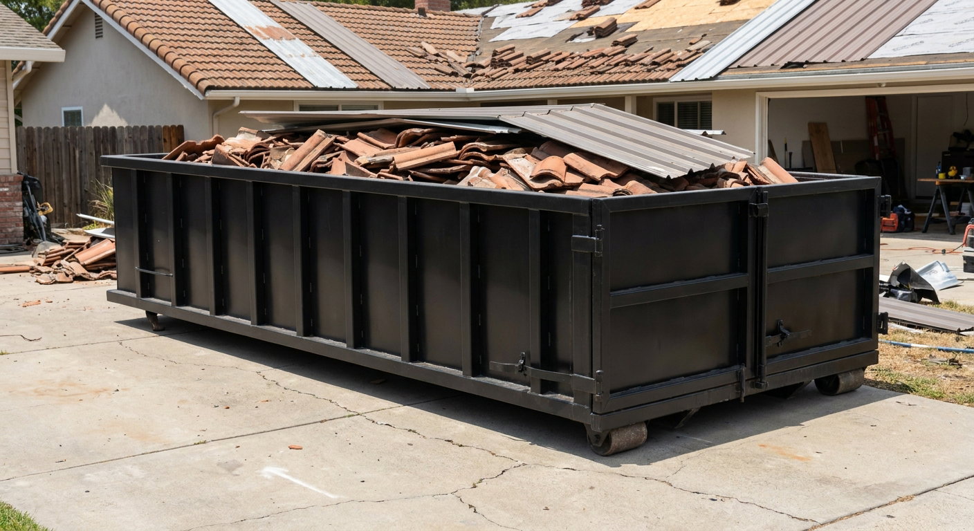Matte-black low-wall heavy-debris roofing roll-off dumpster sitting directly on a Chelsea concrete driveway, broken concrete clay roof tiles and metal panel sections loaded inside, reinforced ribbed steel side walls visible, bright outdoor daylight.