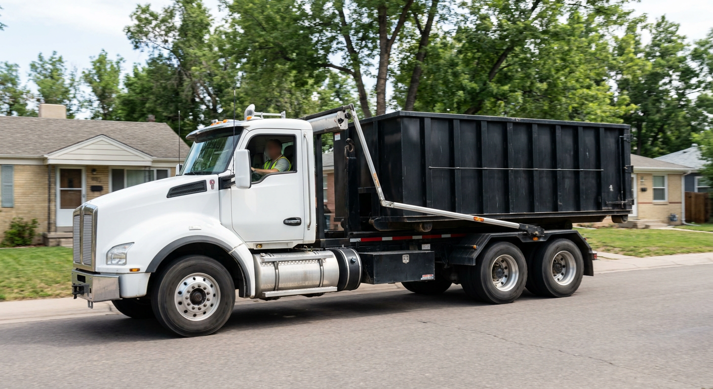 A wide documentary shot of a matte-black roll-off delivery truck pulling onto a quiet Chelsea residential street at mid-morning, with neighborhood rooftops and tree-lined blocks visible behind, showing the metro coverage footprint.