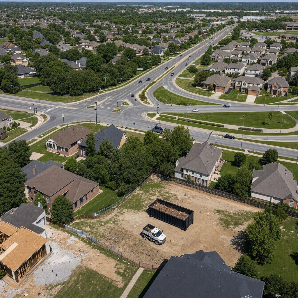 An overhead documentary view of the Chelsea metro area at midday, showing the spread of neighborhoods, arterial roads, and the dispatch radius from a central yard — clean daylight, organized geographic layout.