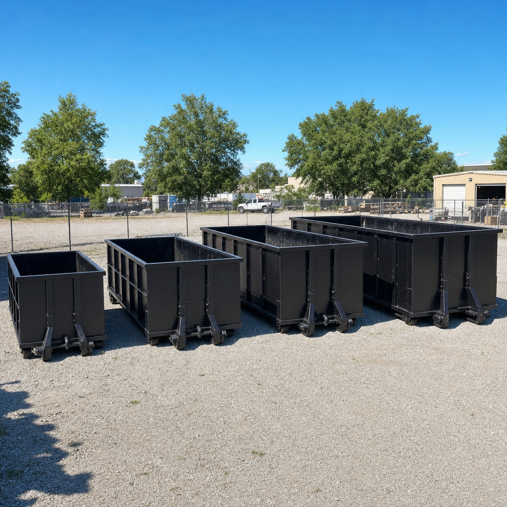 A clean lineup of matte-black roll-off dumpsters in 10, 20, 30, and 40-yard sizes staged on a sunlit gravel yard in Chelsea, showing the size progression from compact to commercial-scale containers.