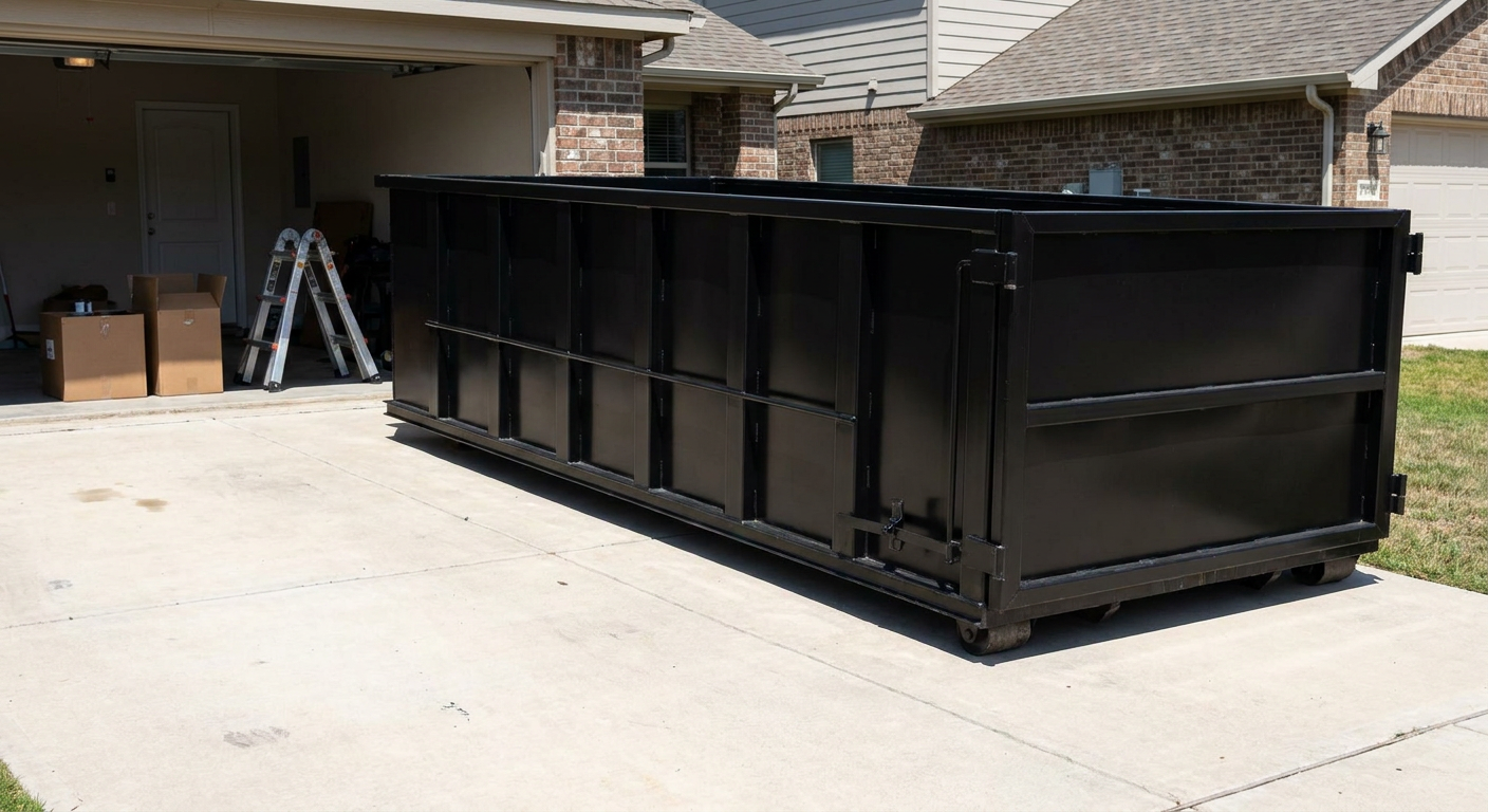 A matte-black 10-yard roll-off dumpster sitting directly on a residential Chelsea concrete driveway, mid-day sunlight, clean and ready for a garage cleanout.