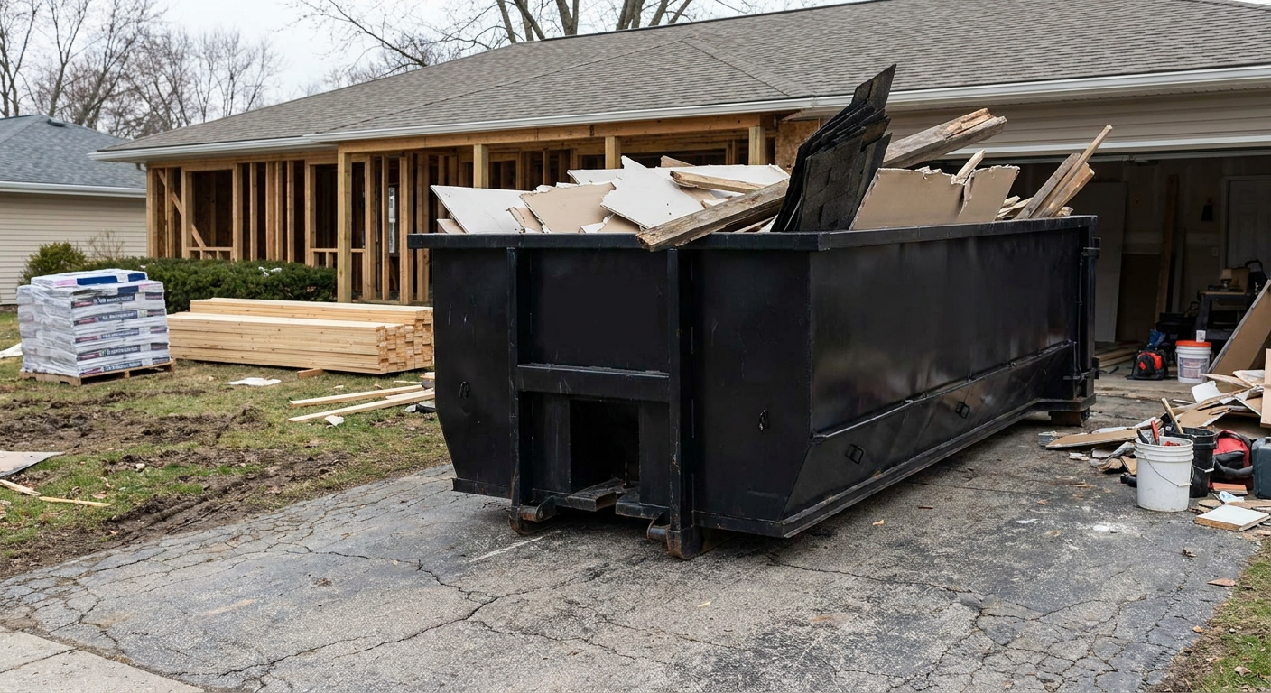 A matte-black 20-yard roll-off dumpster placed alongside a mid-renovation Chelsea home directly on the asphalt driveway, with framing materials and torn-off shingles staged neatly nearby.
