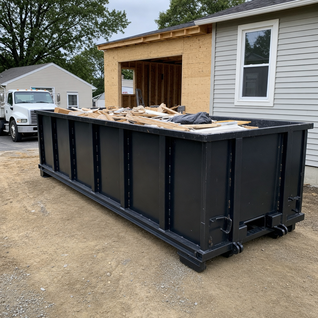 A matte-black 30-yard roll-off dumpster positioned at a Chelsea residential addition jobsite, with framing lumber and drywall scraps loaded through the open swinging rear doors.