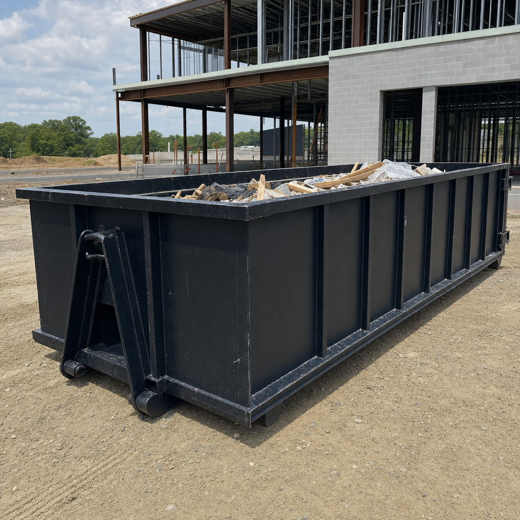 A matte-black 40-yard roll-off dumpster staged on a large Chelsea commercial construction lot, with a hooklift delivery truck parked alongside under bright midday sky.