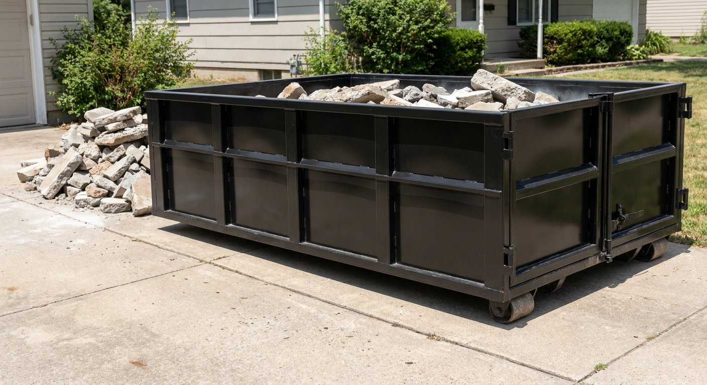 A matte-black low-side heavy-debris roll-off dumpster placed directly on a Chelsea concrete driveway, with broken concrete chunks neatly stacked beside it under clean daylight.