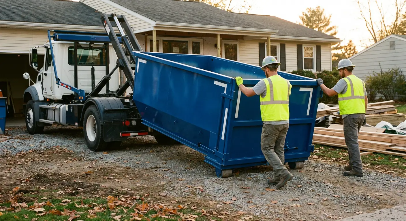 Construction dumpster delivery truck in action in Chelsea, MA