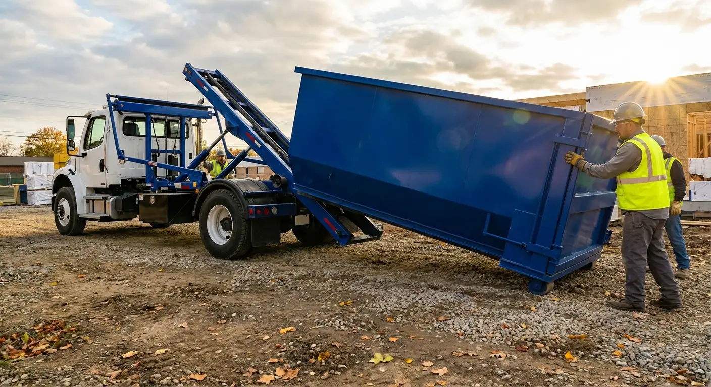 Construction dumpster delivery truck at job site in Chelsea, MA