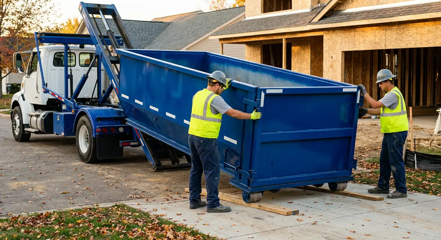 Roll-off dumpster delivery truck in residential area in Chelsea, MA