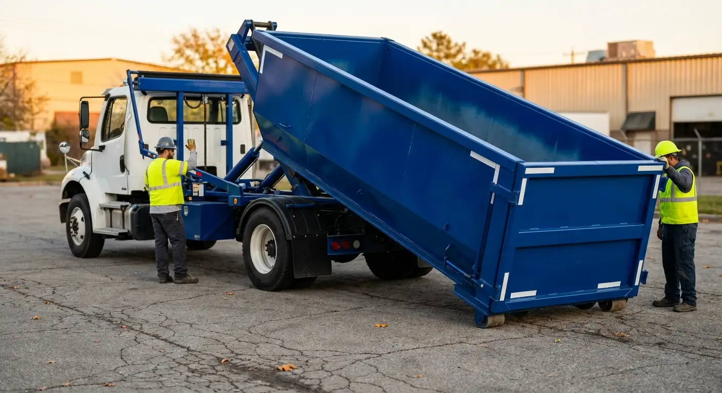 Roll-off dumpster rental truck protecting driveway surfaces in Chelsea, MA