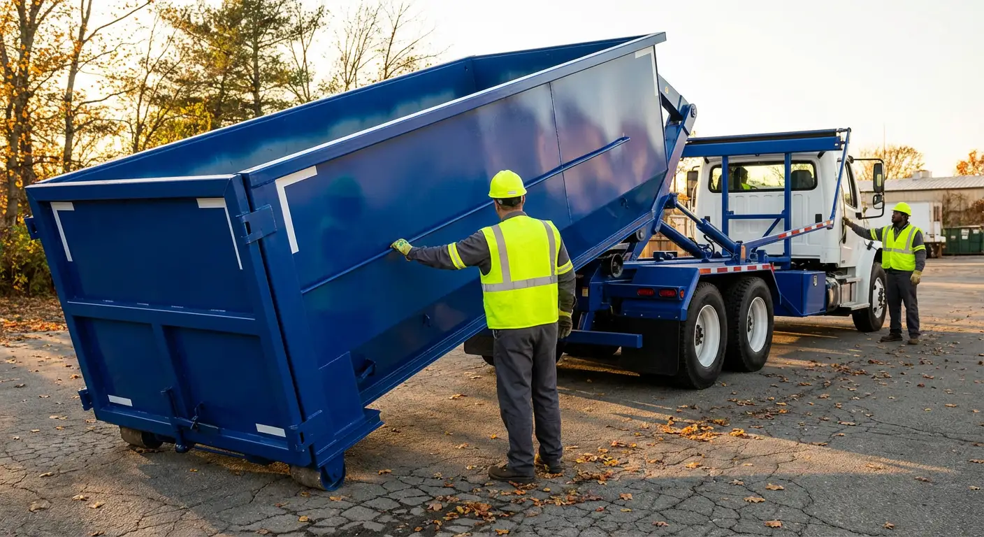 Commercial roll-off dumpster delivery truck in Chelsea, MA