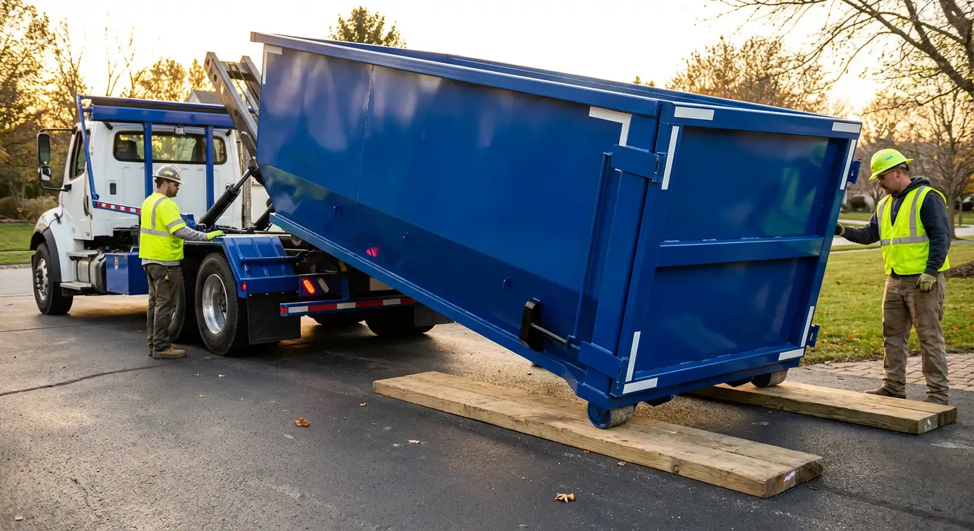 Dumpster delivery on driveway in Chelsea, MA